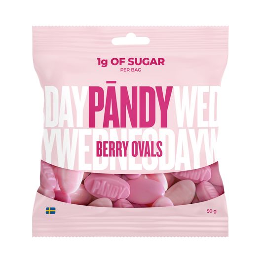 En rosa påse Pändy Berry Ovals sockerfritt godis.
